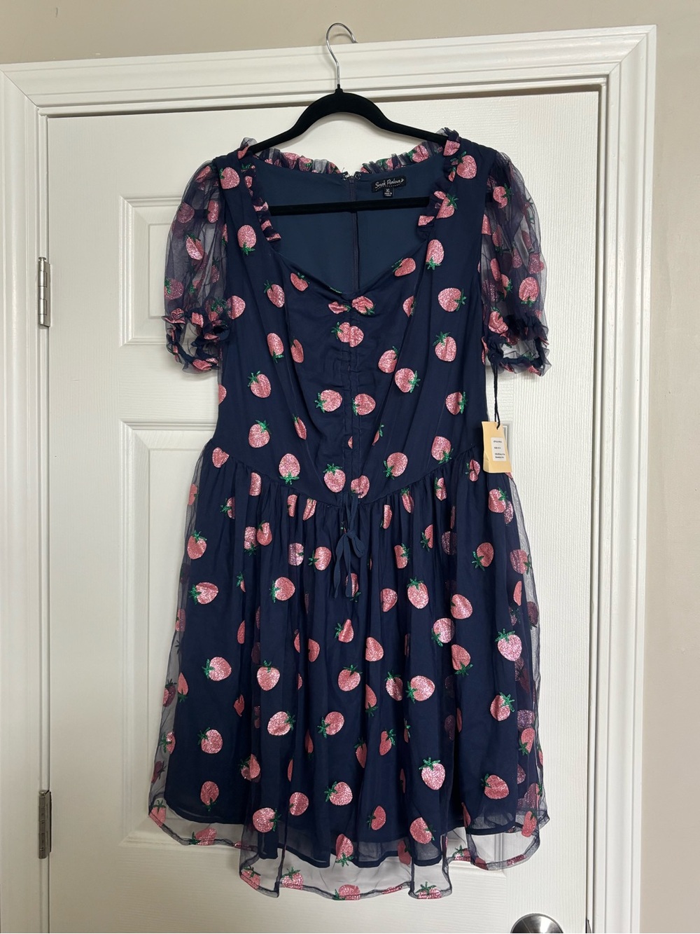 Smak Parlour Navy Strawberry Print Dress with Puff Sleeves